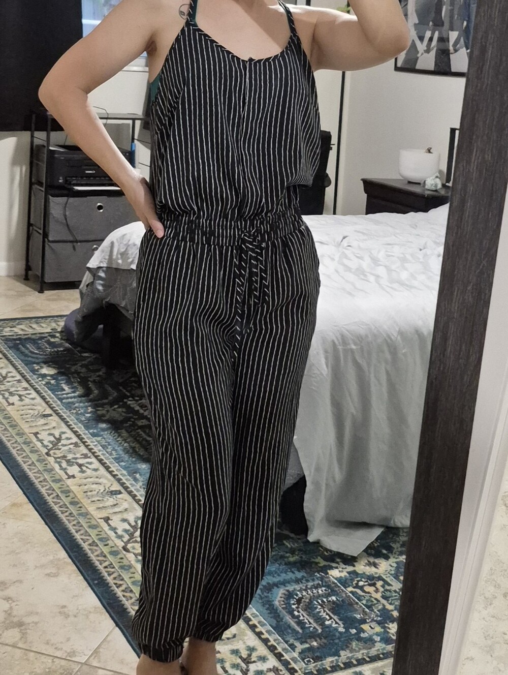 Storia Black Pinstripe Jumpsuit with Drawstring Waist